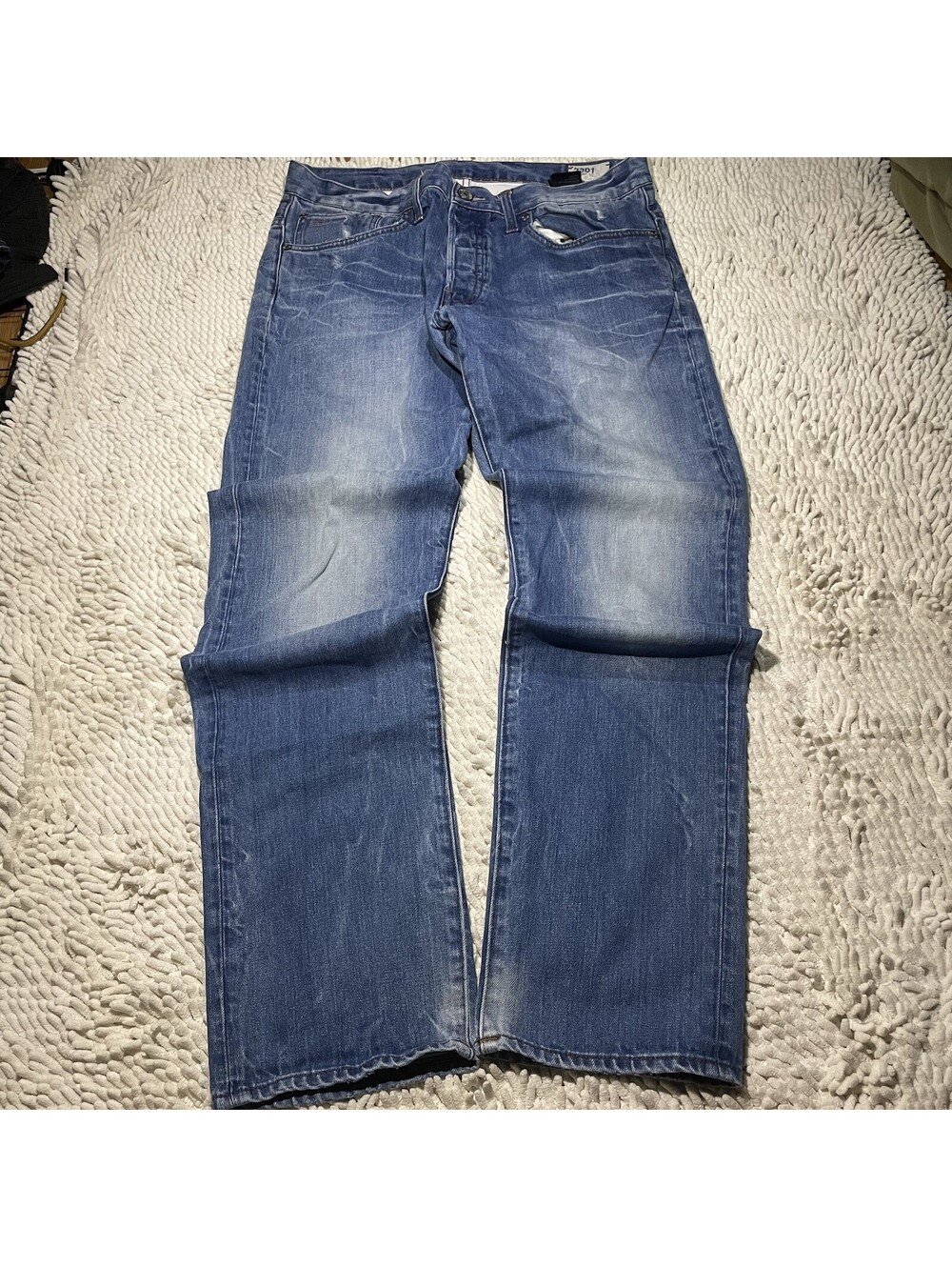 Y2K G Star Raw Jeans Mens 36x32 Fits 34x31 Blue 3301 Straight Crazy Fade Whisker
